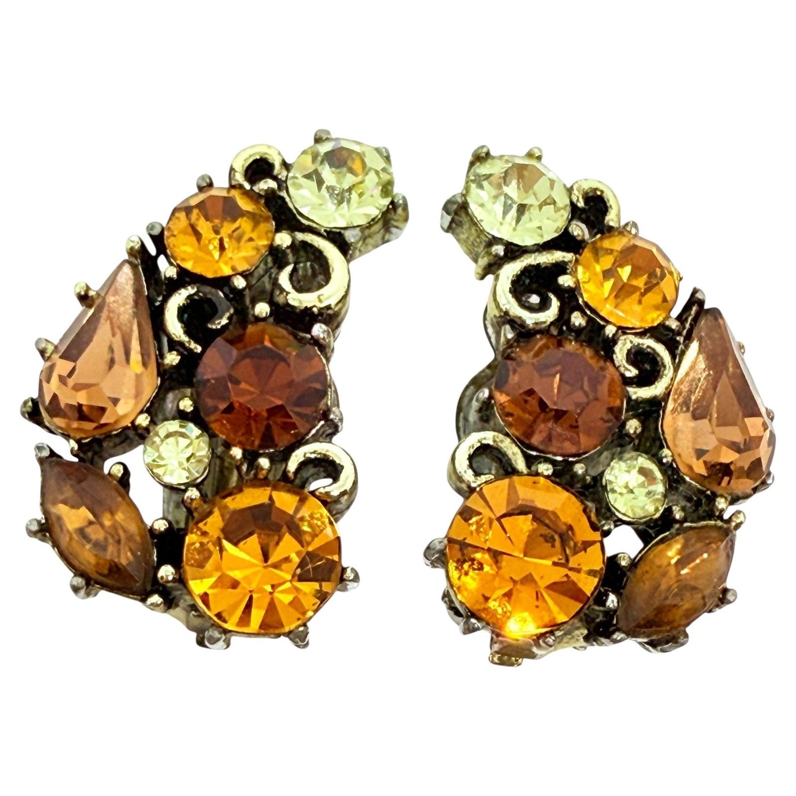 Vintage Golden Tone Citrine Amber Glass Stones Designer Clip On Earrings